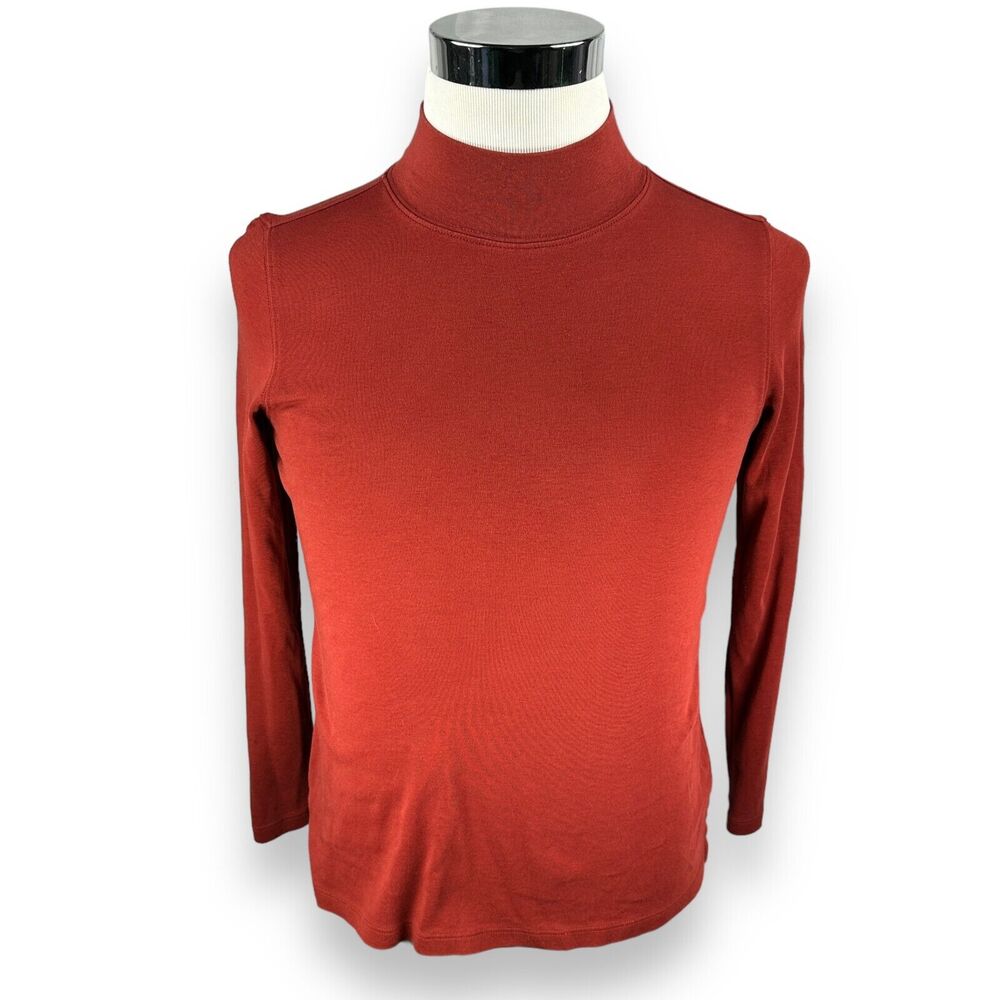 Peruvian Connection Classic Mockneck Top Women's Small Orange Long Sleeve Pima